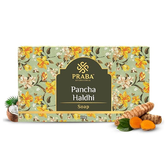 PRABA AYURVEDHA Pancha Haldhi Soap | 5 Turmeric Soap for women |Organic Handmade soap| Natural kasthuri manjal Ayurvedic soap| Haldi Sabun with Coconut Oil | 100 gms